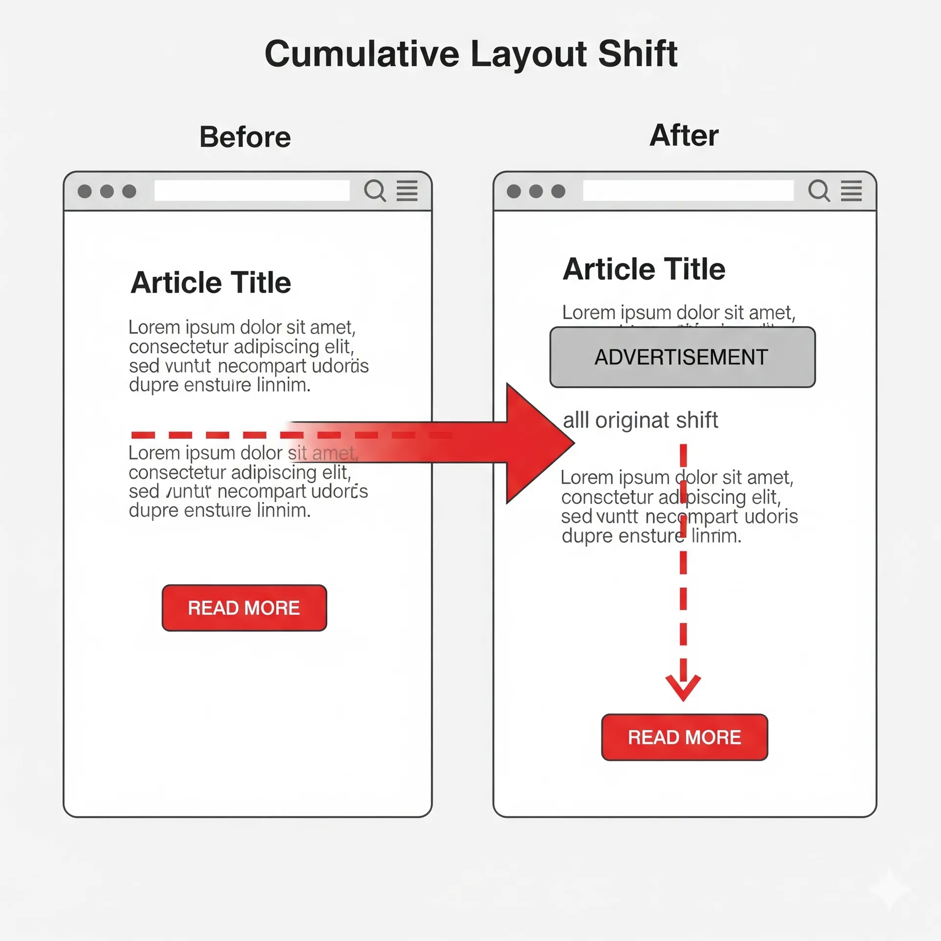 A 'Before' and 'After' diagram explaining Cumulative Layout Shift (CLS).