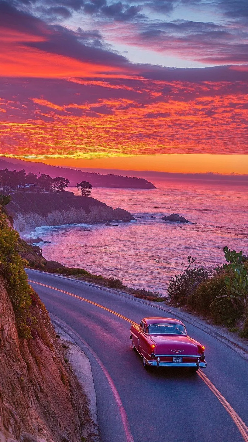 A red sports car driving on a coastal road at sunset